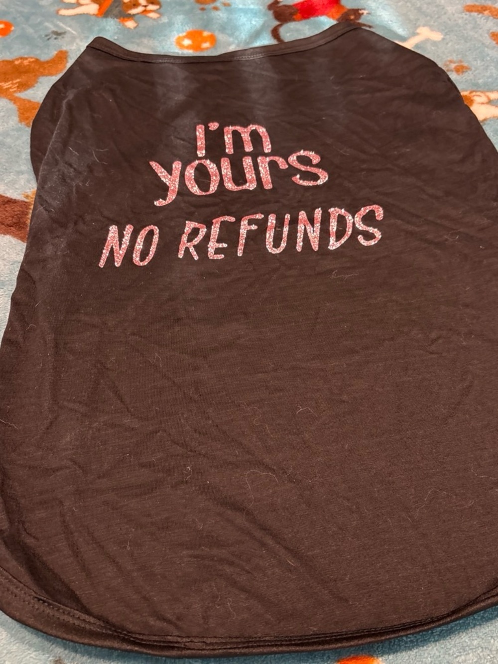 Black Pet Tee with Pink Glitter 'I'm Yours No Refunds' Slogan medium